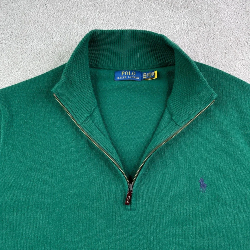 Polo Ralph Lauren Sweater Mens XXL Green Wool Quarter Zip Pullover Classic Logo